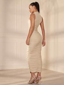 SHEIN BAE Cut Out Ruched Side Bodycon Dress - Beige - View 2