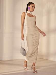 SHEIN BAE Cut Out Ruched Side Bodycon Dress - Beige - View 3