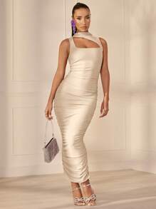 SHEIN BAE Cut Out Ruched Side Bodycon Dress - Beige - View 4