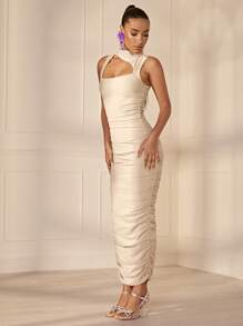 SHEIN BAE Cut Out Ruched Side Bodycon Dress - Beige - View 5