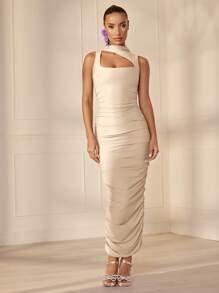 SHEIN BAE Cut Out Ruched Side Bodycon Dress - Beige - View 6