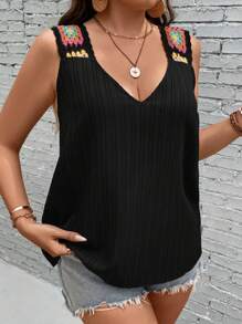 SHEIN LUNE 大碼印花寬肩帶上衣 - 黑色 - 查看 3