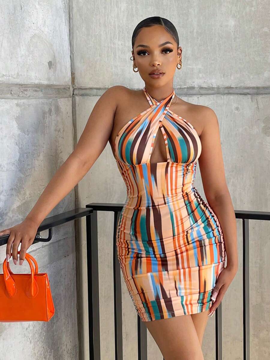 SHEIN SXY Đầm Lộ Lưng Hội Chữ thập Cắt ra Buộc lại Sọc Gợi cảm - Nhiều màu - Xem 1