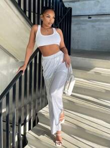 SHEIN SXY 素色高腰長褲 - 銀色 - 查看 3