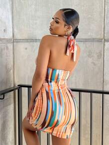 SHEIN SXY Đầm Lộ Lưng Hội Chữ thập Cắt ra Buộc lại Sọc Gợi cảm - Nhiều màu - Xem 2