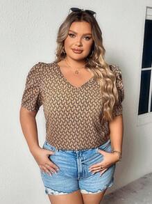 SHEIN LUNE 大碼滿版印花泡泡袖襯衫 - 彩色 - 查看 4