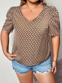 SHEIN LUNE 大碼滿版印花泡泡袖襯衫 - 彩色 - 查看 5