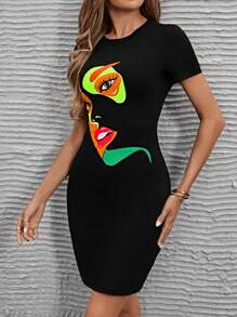 SHEIN LUNE Figure Graphic Bodycon Dress - Black - View 4