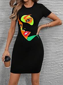 SHEIN LUNE Figure Graphic Bodycon Dress - Black - View 1