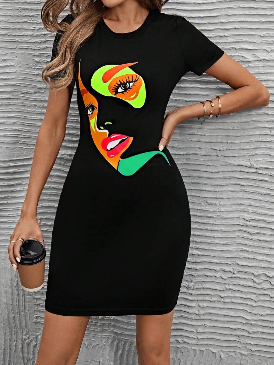 SHEIN LUNE Figure Graphic Bodycon Dress - Black - View 1