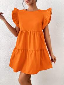 SHEIN Frenchy 素色荷葉邊娃娃裙 - 橘色 - 查看 1