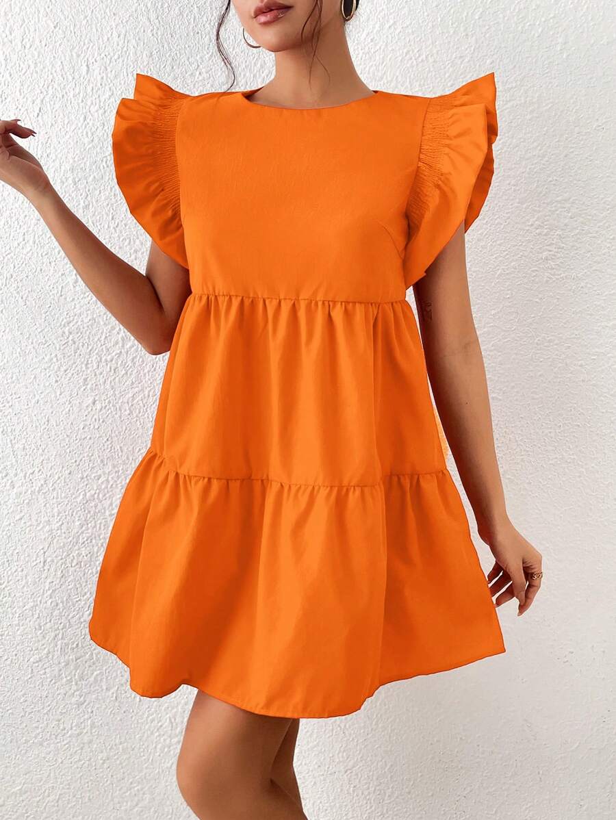 SHEIN Frenchy 素色荷葉邊娃娃裙 - 橘色 - 查看 1