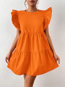 SHEIN Frenchy 素色荷葉邊娃娃裙 - 橘色 - 查看 3