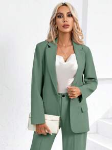 SHEIN BIZwear Blazer unicolor con botón ropa de trabajo - Verde - Ver 3