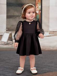 SHEIN Vestido de estilo noble tejido con empalme de malla de manga larga para bebés niñas - Negro - Ver 7