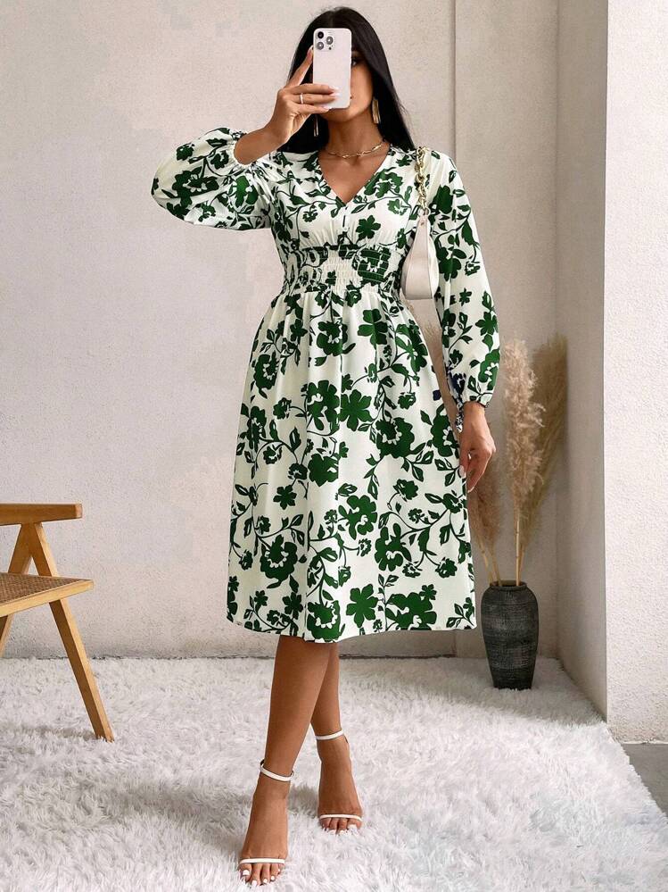 GENKIRA Floral Print Lantern Sleeve Dress | SHEIN USA