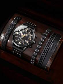 1pc Men Round Pointer Quartz Watch & 3pcs Beaded Bracelet - Black - View 1