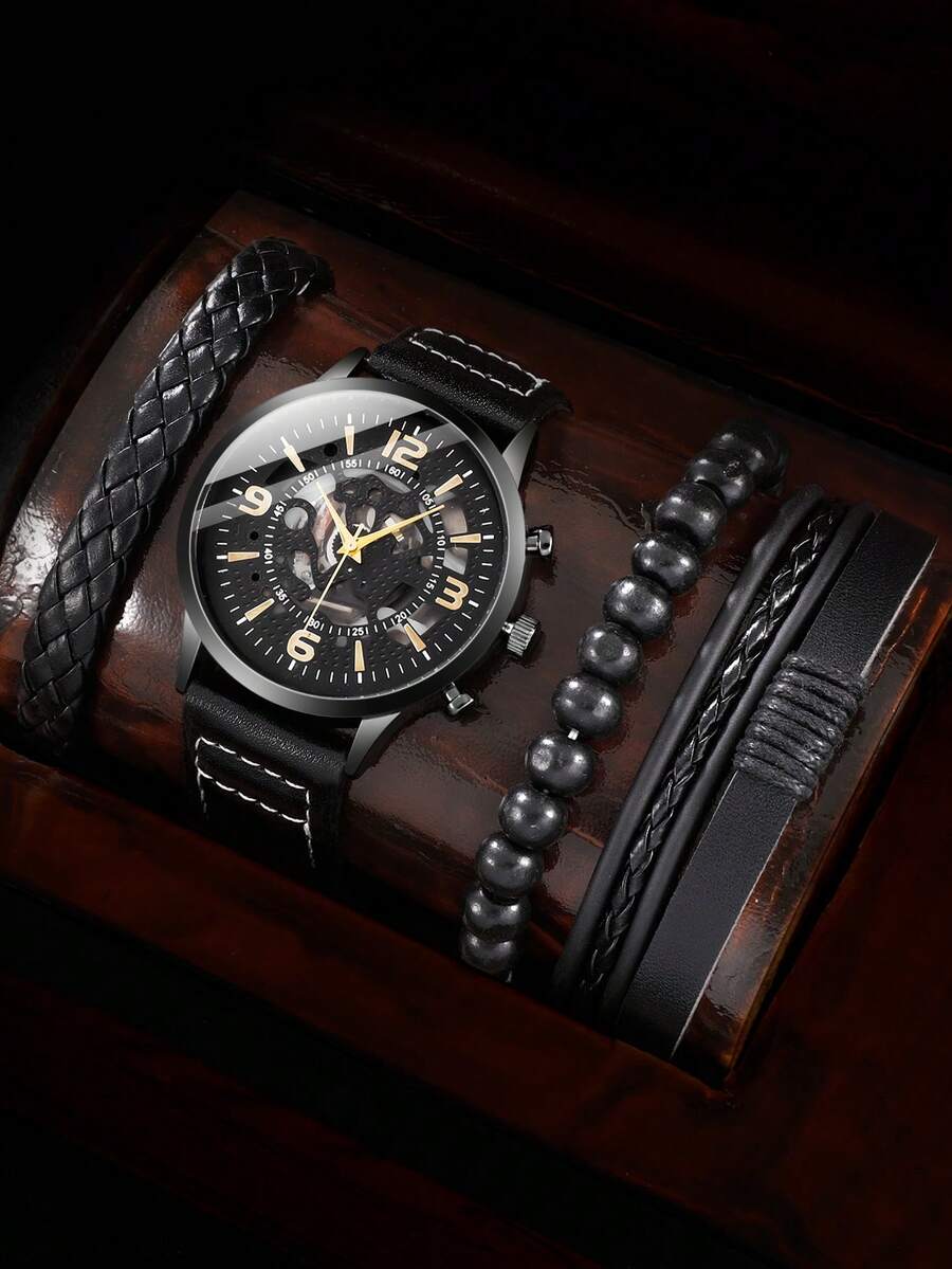 1pc Men Round Pointer Quartz Watch & 3pcs Beaded Bracelet - Black - View 1