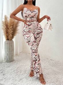 Allover Print Cami Top & Flare Leg Trousers - Coffee Brown - View 1