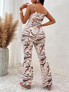 Allover Print Cami Top & Flare Leg Trousers - Coffee Brown - View 2