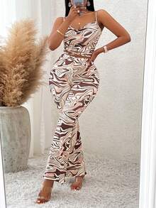 Allover Print Cami Top & Flare Leg Trousers - Coffee Brown - View 6