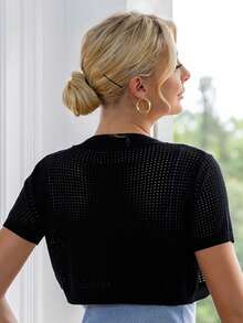 AAmilife 女士春夏休闲风纯色短袖修身优雅短款开衫（黑色） - 黑色 - 查看 2