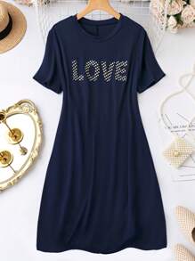 SHEIN LUNE Vestido estilo camiseta con estampado de letra - Azul Marino - Ver 1