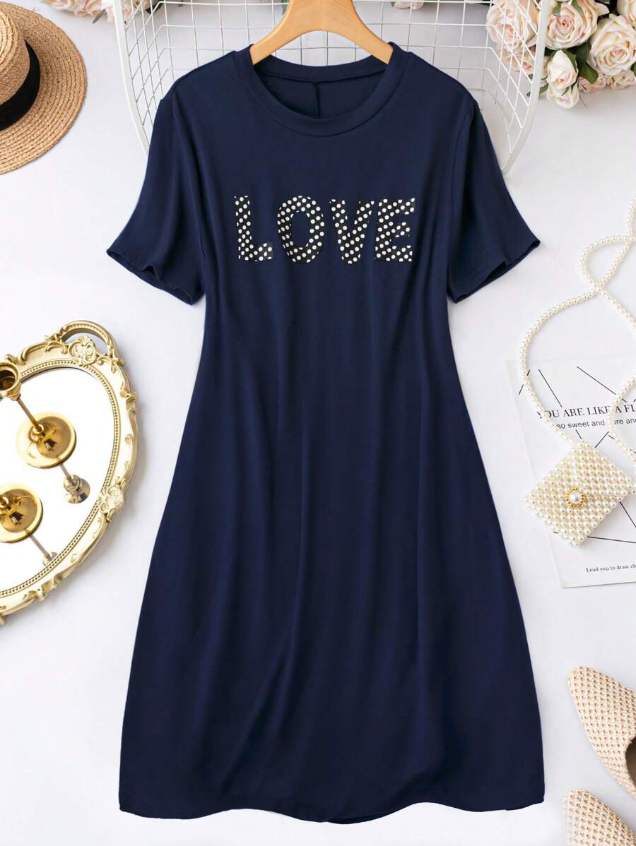 SHEIN LUNE Vestido estilo camiseta con estampado de letra - Azul Marino - Ver 1