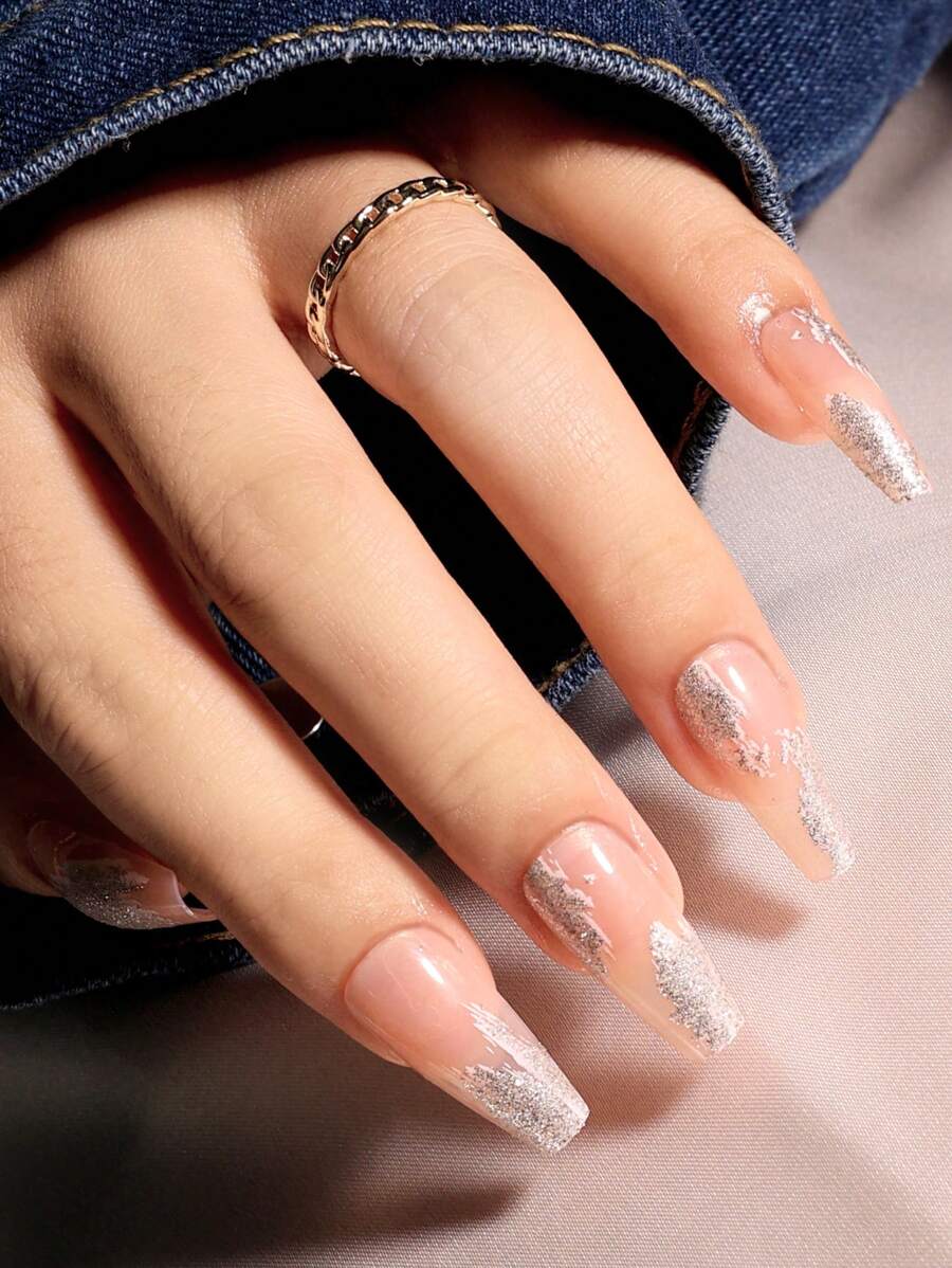 24入組長款棺材金屬亮絲假指甲和1入組指甲銼和1張織帶 - 彩色 - 查看 1