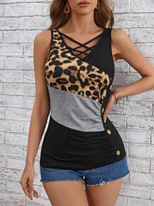 SHEIN LUNE Áo khoác và áo lót dành cho xe tăng nữ Hội Chữ thập Nút giả Khối Màu In hoa Báo Giải trí - Nhiều màu - Xem 1