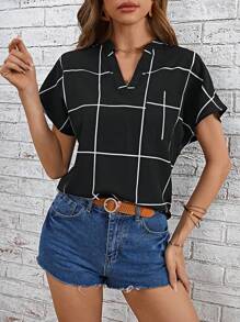 SHEIN LUNE Grid Print Batwing Sleeve Pocket Patched Blouse - Black - View 1