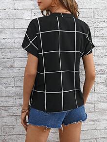 SHEIN LUNE Grid Print Batwing Sleeve Pocket Patched Blouse - Black - View 2