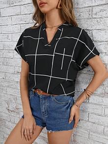 SHEIN LUNE Grid Print Batwing Sleeve Pocket Patched Blouse - Black - View 3