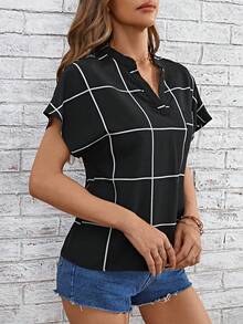 SHEIN LUNE Grid Print Batwing Sleeve Pocket Patched Blouse - Black - View 4
