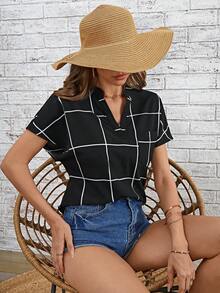 SHEIN LUNE Grid Print Batwing Sleeve Pocket Patched Blouse - Black - View 5