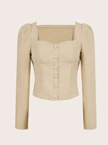 SHEIN MOD Sweetheart Neck Button Front Crop Blouse - Khaki - View 1