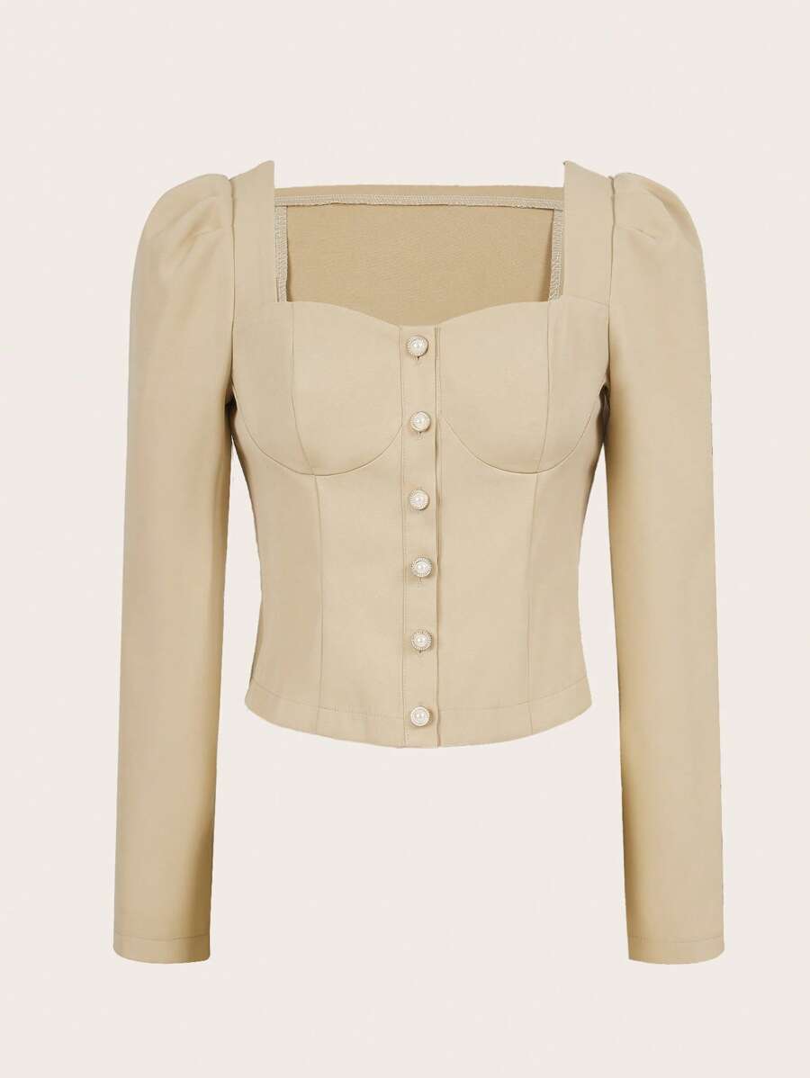 SHEIN MOD Sweetheart Neck Button Front Crop Blouse - Khaki - View 1