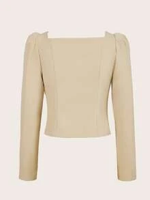 SHEIN MOD Sweetheart Neck Button Front Crop Blouse - Khaki - View 2