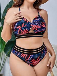 Conjunto De Bikini Con Parte Delantera Torcida Y Estampado Tropical De Talla Grande Playa De Verano - Multicolor - Ver 1