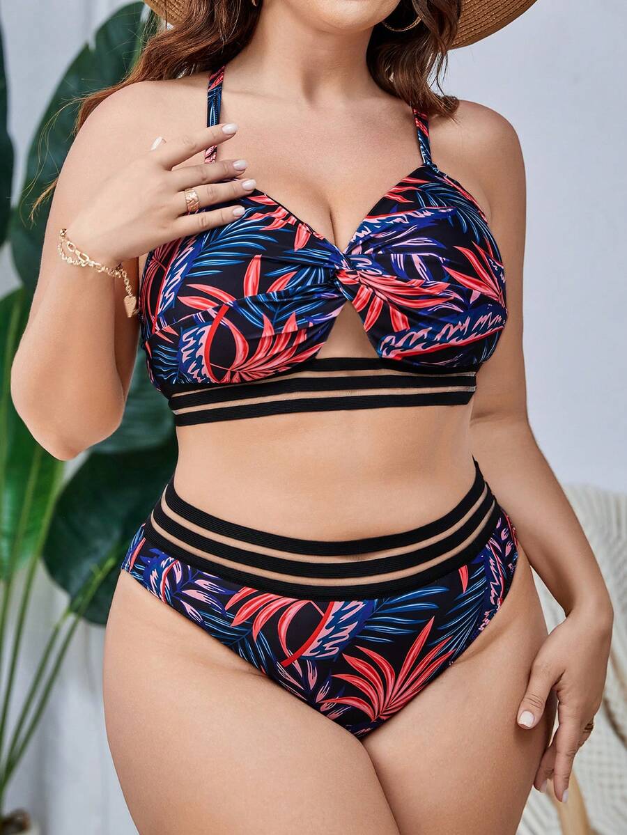 Conjunto De Bikini Con Parte Delantera Torcida Y Estampado Tropical De Talla Grande Playa De Verano - Multicolor - Ver 1