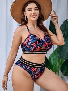 Conjunto De Bikini Con Parte Delantera Torcida Y Estampado Tropical De Talla Grande Playa De Verano - Multicolor - Ver 4