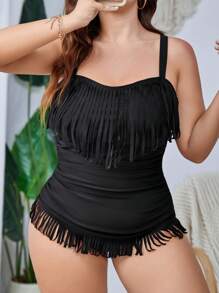 SHEIN Swim Curve Conjunto de tankini de talla grande con volantes y fruncido para playa de verano - Negro - Ver 1