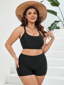SHEIN Swim Curve Conjunto de bikini sólido en talla grande con espalda cruzada descubierta para el verano en la playa