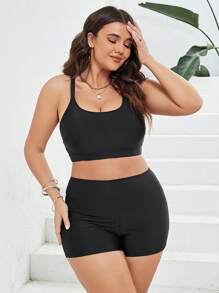SHEIN Swim Curve Conjunto de bikini sólido en talla grande con espalda cruzada descubierta para el verano en la playa