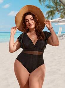 SHEIN Swim Curve Summer Beach Plus Contrast Mesh Ruffle Trim One Piece Swimsuit - Black - View 1