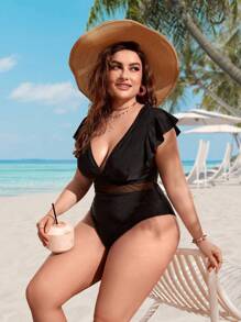 SHEIN Swim Curve Summer Beach Plus Contrast Mesh Ruffle Trim One Piece Swimsuit - Black - View 3