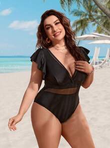 SHEIN Swim Curve Summer Beach Plus Contrast Mesh Ruffle Trim One Piece Swimsuit - Black - View 4