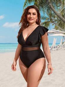 SHEIN Swim Curve Summer Beach Plus Contrast Mesh Ruffle Trim One Piece Swimsuit - Black - View 5
