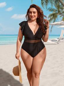SHEIN Swim Curve Summer Beach Plus Contrast Mesh Ruffle Trim One Piece Swimsuit - Black - View 6