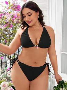 SHEIN Swim Curve 大碼草莓環連頸三角泳衣套裝，夏季海灘必備 - 黑色 - 查看 1